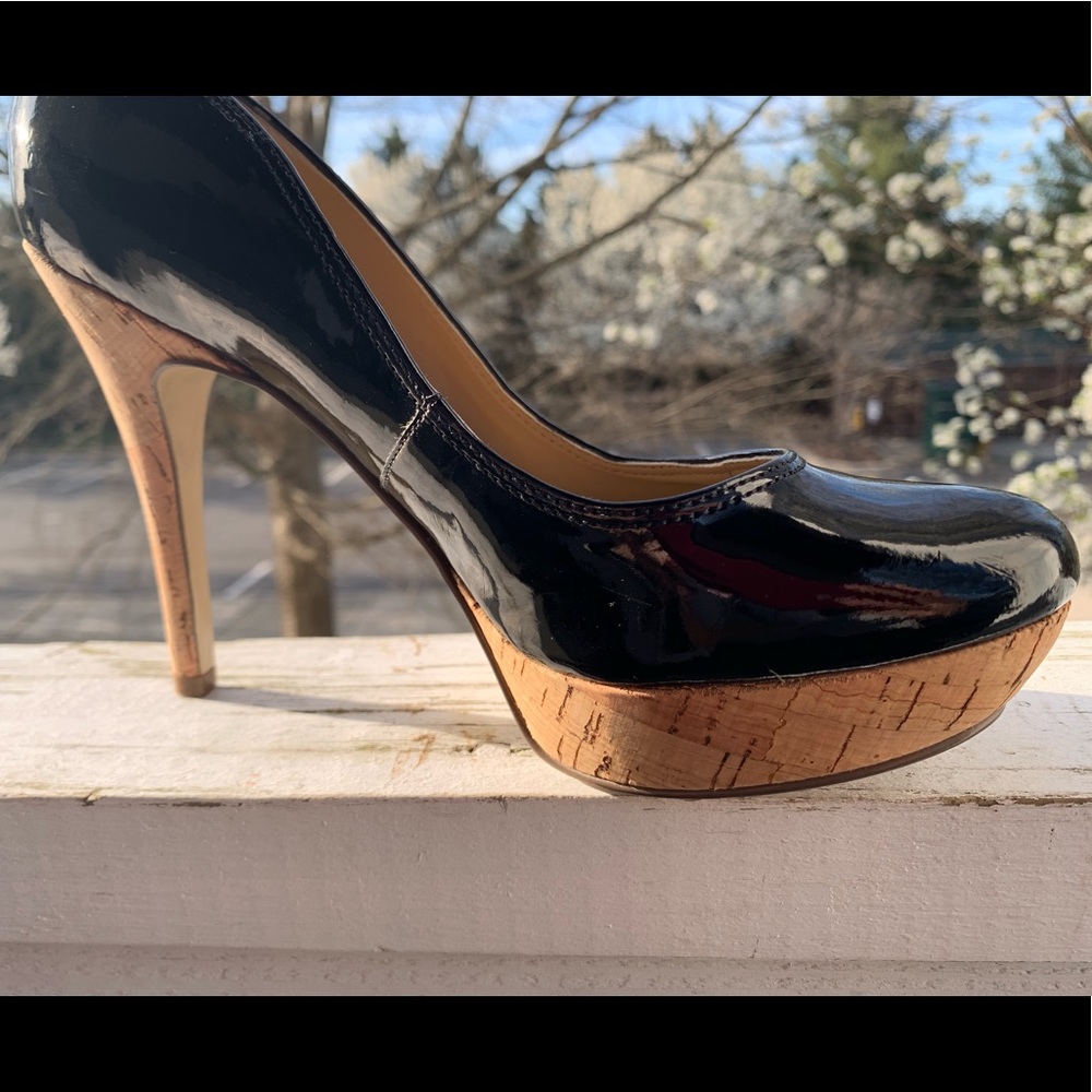 Guess Black Patent Leather Cork Platform Pumps